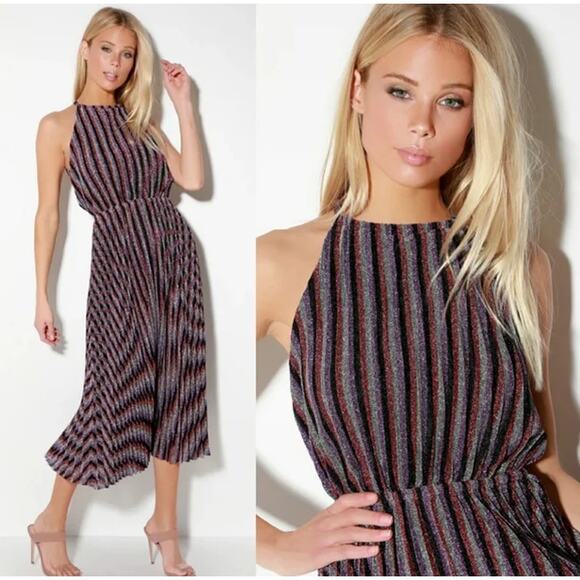 Lucy Paris Rebecca Striped Pleated Halter Midi Dress Purple NWT - Picture 1 of 16